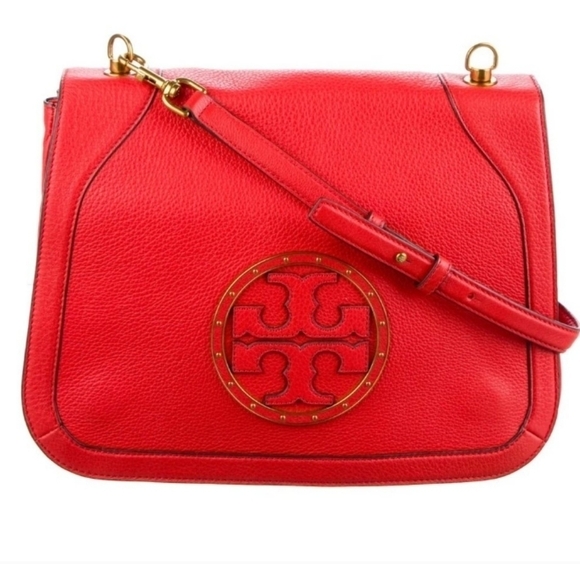 Tory Burch Logo Poppy Red Grained Leather Shoulder Bag - Picture 3 of 12